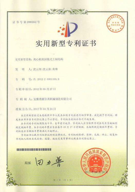 实用新型专利证书(Utility model patent)