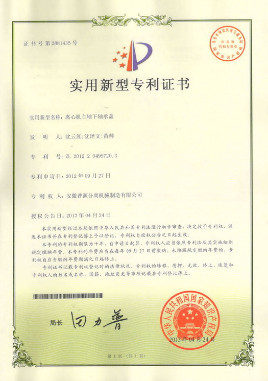 实用新型专利证书(Utility model patent)