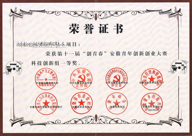 安徽青年创新创业大赛科技创新组一等奖(First prize of Science and technology Innovation Group of Anhui Youth Innovation and Entrepreneurship Competition)
